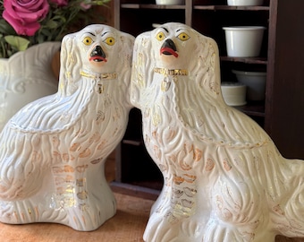 Antique English Staffordshire Large White Spaniel Dog Pair Mantle Decor Set Of 2