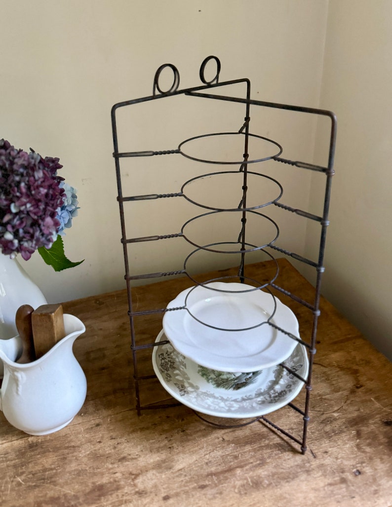 Antique Primitive Tall Metal Wire Pie Stand Cooling Rack Twist Display Piece Plate Rack Rustic Industrial Farmhouse Table image 8