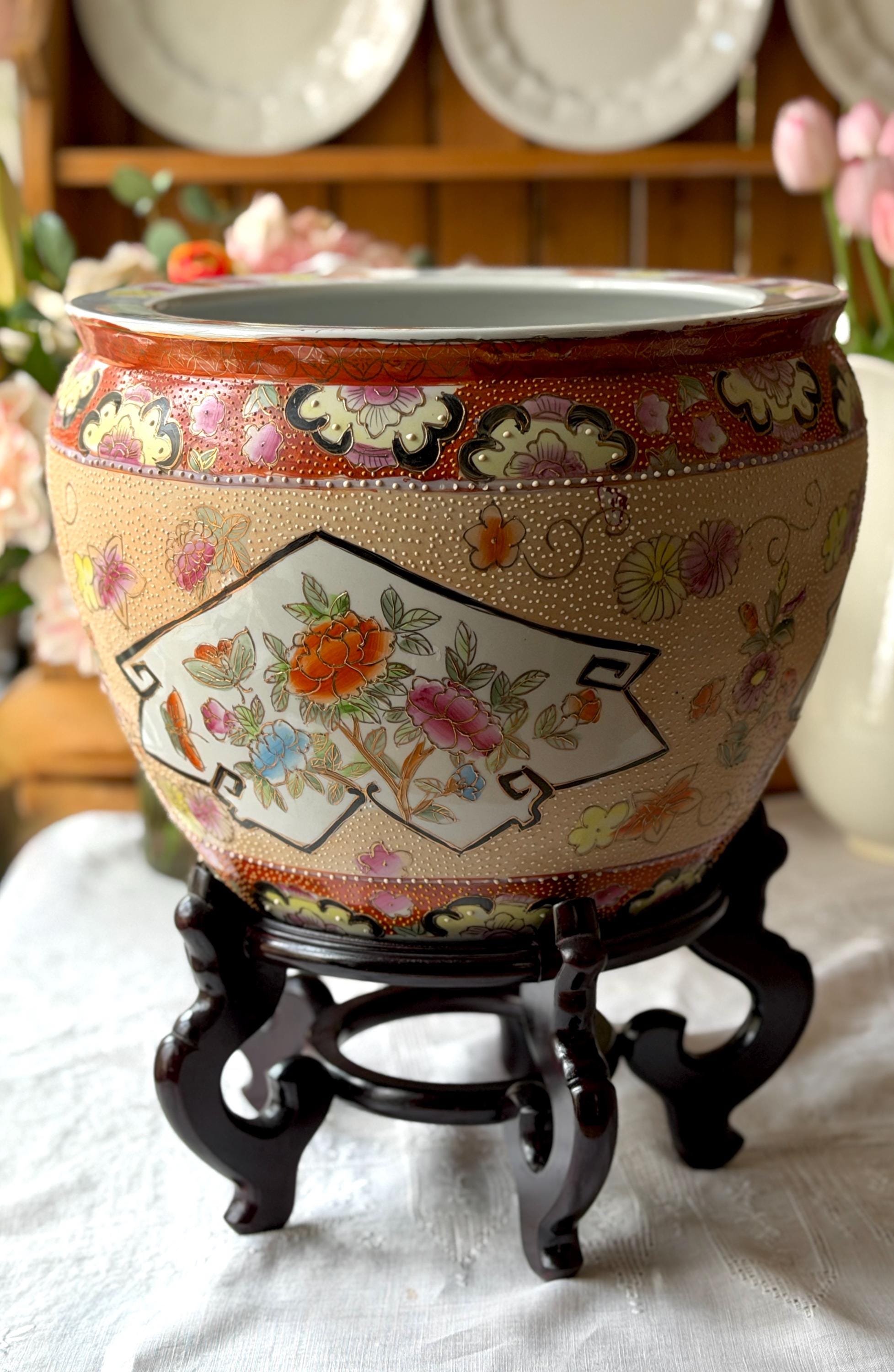 Vintage Large Chinese Planter Cache Pot Jardiniere Chrysanthemum ...