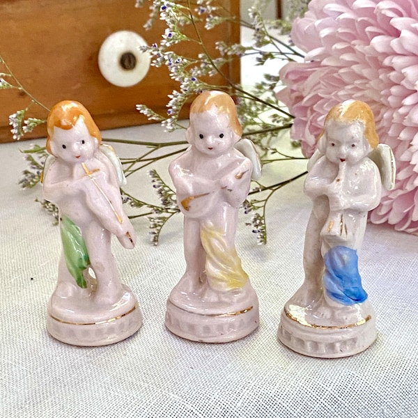 Occupied Japan Angel Cherubs Musical Orchestra Trio Pink Horn, Lute, Violin Set Of 3