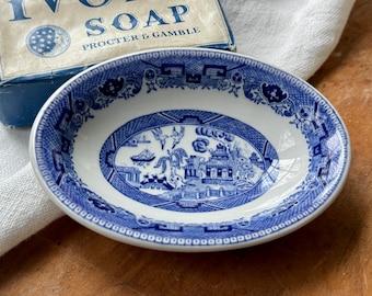 Antique Blue Willow Oval Soap Dish Restaurantware Buffalo China Made In USA Blue & White Pottery Restaurant Ware Diner