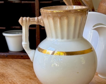 Antique Stained Brown Patina Ironstone Pitcher Jug Knowles Taylor Knowles Ionic Gold Band