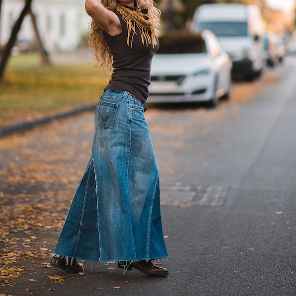 Femininer Upcycling Jeansrock/ Grunge look/lang /XXL /nachhaltige Mode//Boho/Festival/Zero Waste Slow Fashion