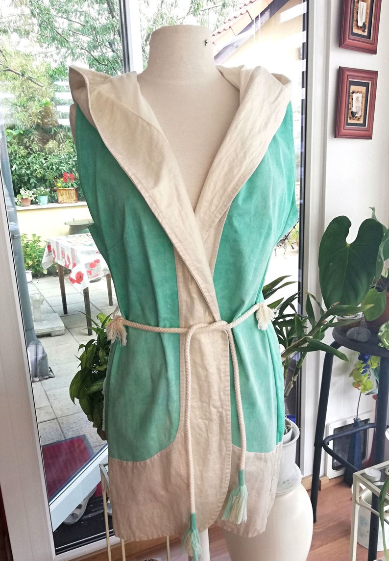 Waistcoat//summer upcycling unique piece//gold shimmering linen fabric, mint green with hood//L// Festival clothing//Zero Waste Slow Fashion image 3