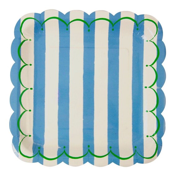 blue and white striped paper plates