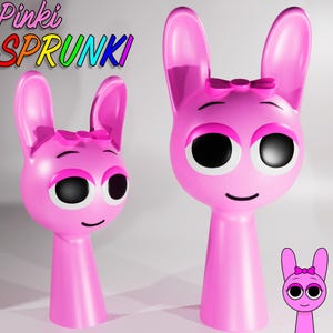 May include: Two pink bunny-like figures with large eyes, a small bow, and long ears. The figures have a minimalist design and a smiling expression. The text "Pinki SPRUNKI" is displayed above the figures in rainbow colors.