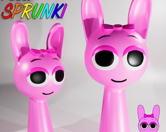 May include: Two pink bunny-like figures with large eyes, a small bow, and long ears. The figures have a minimalist design and a smiling expression. The text "Pinki SPRUNKI" is displayed above the figures in rainbow colors.