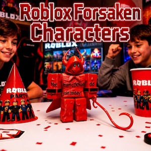 May include: A red Roblox Forsaken character figurine with horns and a staff, accompanied by a red party hat with Roblox characters and the text 'ROBLOX PARTY', and a red cup featuring the Roblox logo and characters, all on a white surface.