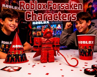 May include: A red Roblox Forsaken character figurine with horns and a staff, accompanied by a red party hat with Roblox characters and the text 'ROBLOX PARTY', and a red cup featuring the Roblox logo and characters, all on a white surface.