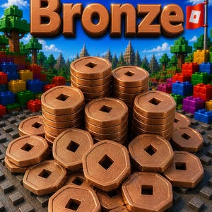 May include: Bronze coins with a square center hole are stacked and scattered on a textured surface. The word "Bronze" is displayed in large, metallic letters against a backdrop of a pixelated landscape with a blue sky and a flag.