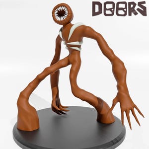 May include: A brown figurine of a creature with a toothy mouth for a head, long arms, and spindly legs. The figure has white accents and is standing on a black circular base. The word "DOORS" is above the figure.