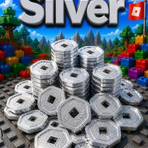 May include: Stacks of silver coins with a square center hole are displayed in a vibrant, pixelated landscape. The word "Silver" is prominently displayed in a 3D font against a bright blue sky. A red and white flag is visible.