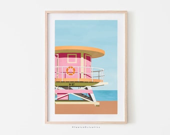 Miami Beach Printable Art, Downloadable Art, Beach Art, Travel Art Print, Digital Art Print, Pink Lifeguard Station, Miami Art, Wall Decor