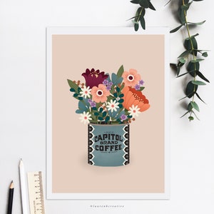May include: A vintage-style illustration of a bouquet of flowers in a blue and white coffee can. The can has the text "Capitol Brand Coffee" on it. The flowers are in shades of red, orange, pink, purple, and white.