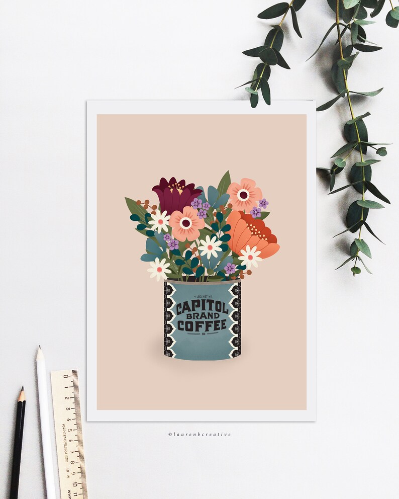 May include: A vintage-style illustration of a bouquet of flowers in a blue and white coffee can. The can has the text "Capitol Brand Coffee" on it. The flowers are in shades of red, orange, pink, purple, and white.