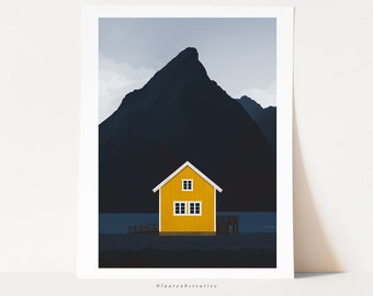 Yellow Cabin Printable, Mountain Illustration, Scandinavian Mountain Art, Scandinavian Cabin, Digital Art, Downloadable Print, Wall Decor
