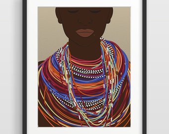 Masai Necklace Print, African Woman Printable, Printable Art, Strong Woman, Tanzania Downloadable Art, Wall Decor, Masai Art, Beaded Jewelry