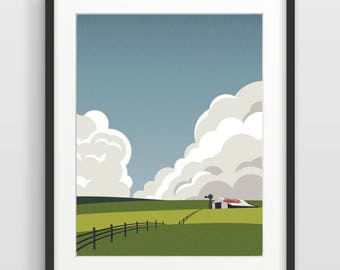 Barn Printable Art, Farm Art, Farmhouse Print, Midwest Art, Farm Wall Decor, Clouds, Fields, Iowa Barn Art, Farmhouse Wall Decor, Barn Print