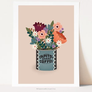 May include: A vintage-style illustration of a bouquet of flowers in a blue tin can with the text "Capitol Brand Coffee". The flowers are a mix of pink, red, white, and purple.