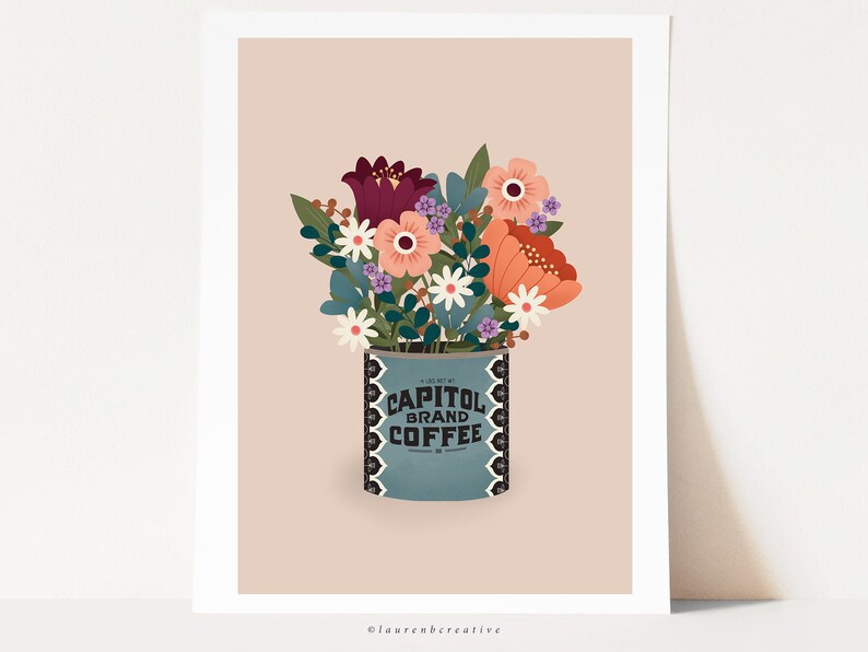 May include: A vintage-style illustration of a bouquet of flowers in a blue tin can with the text "Capitol Brand Coffee". The flowers are a mix of pink, red, white, and purple.