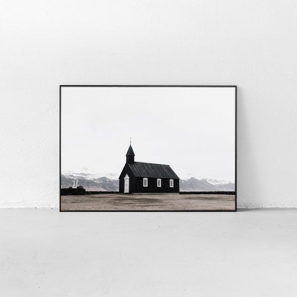 Church Black Art Print Landscape Photography Nordic Meadow Printable Wall Art White Artwork Mist Iceland Minimalist Digital Download Spire