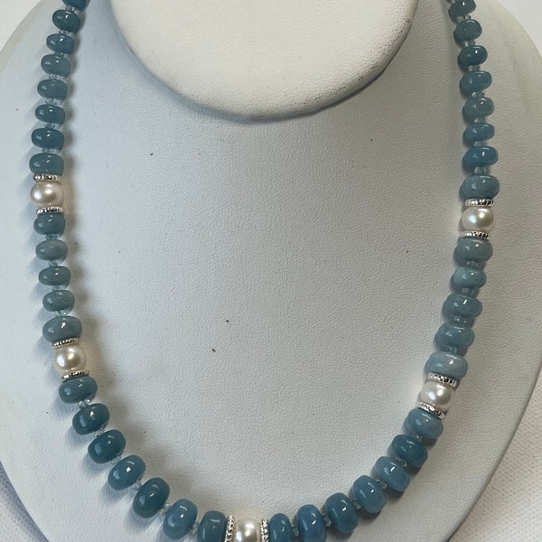 Natural Pariba Smooth Quartz bead necklace. Aquamarine and Freshwater pearl. sterling silver statement necklace. One if a kind. Handmade 18”