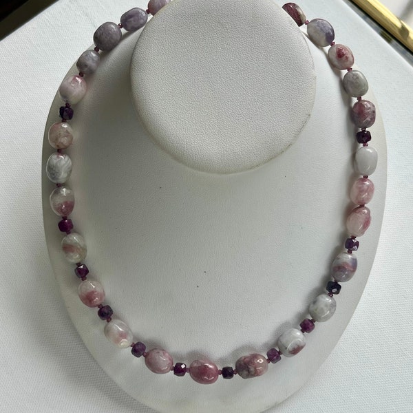 Tourmaline, ruby, garnet, sterling silver necklace. one of a kind, Handmade