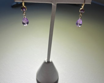 Faceted teardrop amethyst dangle earrings, gold filled lever back with bezeled amethyst stone. Handmade, one of a kind