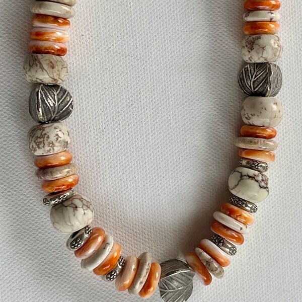 Chunky white turquoise, orange Spiney oyster necklace, Bali Silver,18”, 2”extenderchain. Hand Made One of a kind