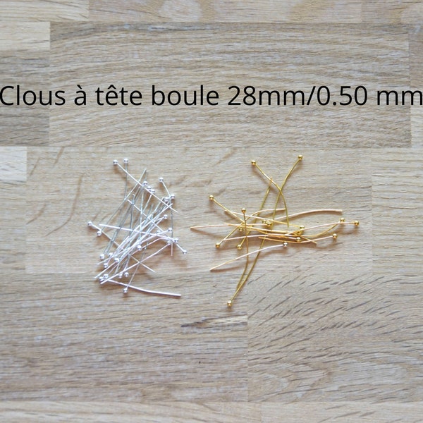 Clous à tête boule, en laiton doré ou argenté, 28mm/0.50mm x 100 pièces