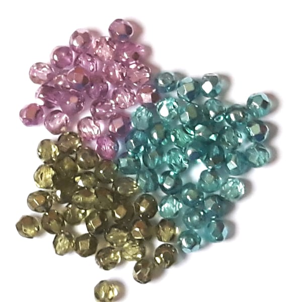 Perles en verre à facettes, perles tchèques, perles vintage, perles ovales, fuchsia,  vert kaki,  turquoise, 6mm x 15 perles