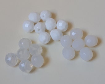 Perles en verre, à facettes, ovales, percées, blanches, 10 mm x 5 perles