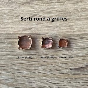 Peut inclure: Trois sertis ronds en métal pour sertir des pierres, avec des griffes. Les sertis mesurent 8 mm (SS39), 6 mm (SS29) et 4 mm (SS24).