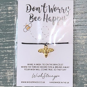 W003: Wish Strings &#39;Don&#39;t worry bee happy&#39; Bee charm, tie-on bracelet