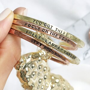Personalized Hand Stamped Copper Bangle Cuff, Minimalist Brass Bracelet