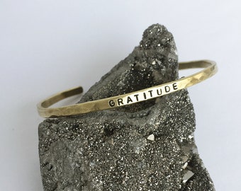 Gratitude Mantra Textured Bangle Cuff, Brass Gold Bracelet, Gift for Mother's Day