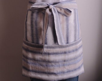 Handmade Striped Linen Half Apron  / bakers apron / cafe apron / baking apron /