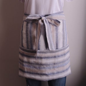 Handmade Striped Linen Half Apron: Baking Cafe Utility Apron
