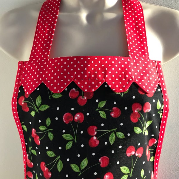 Ręcznie robiony fartuch z nadrukiem wiśniowym: w stylu retro rockabilly z kieszenią