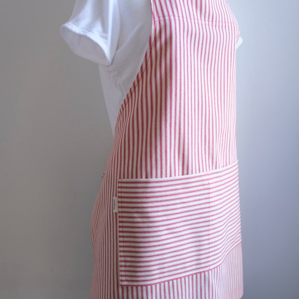 Red or Blue Stripe Handmade French Ticking Striped Farmhouse Modern Apron | Red Stripe | Navy Stripe | Woman Man Unisex |