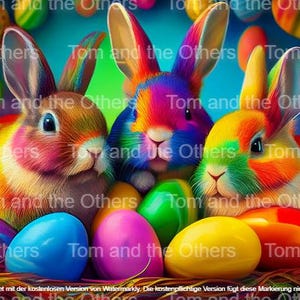 Três pequenos e coloridos coelhinhos da Páscoa com ovos coloridos