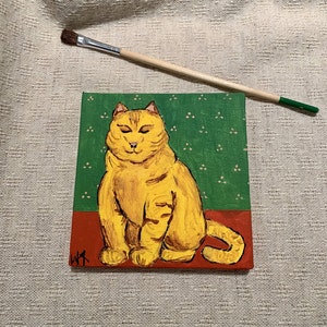 Miniature 4&quot;x4&quot; painting on canvas, original art, acrylic painting with cat