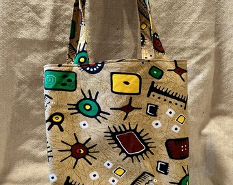 African Wax Print Tote Bag: Lined Cotton Shopper with Pocket