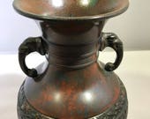 Vintage Rust Lacquered Metal Vase With Elephant Head Handles