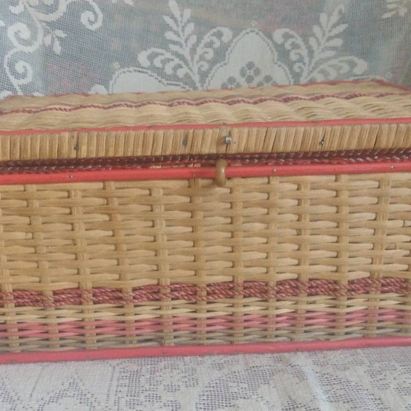 Vintage 1960s fabric lined wicker sewing or storage basket