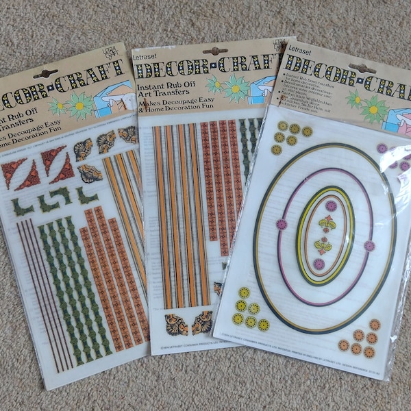 Three sheets of vintage, 1970s Letraset Decor-Craft home decoration transfers