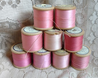 Nine wooden reels of vintage Sylko cotton threads in pink, Pink Sylko #1