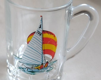 Vintage 1960s french miniature glass tankard shot glass, yacht transfer print, 7.5 cm high