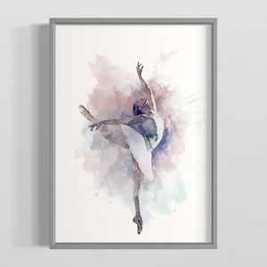 Ballet Dancer Art Print in Soft Muted or Blue Tones, Watercolour Effect Ballerina Wall Art