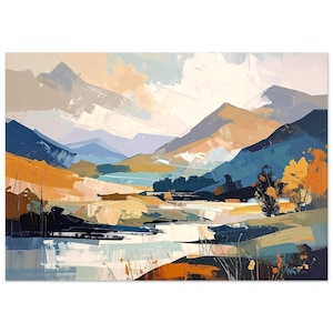 Puede incluir: Pintura de paisaje abstracto que representa una cordillera en tonos azules, naranjas y beige. La obra de arte representa un río o lago en primer plano con pinceladas texturizadas. El cielo es una mezcla de blanco y azul claro.